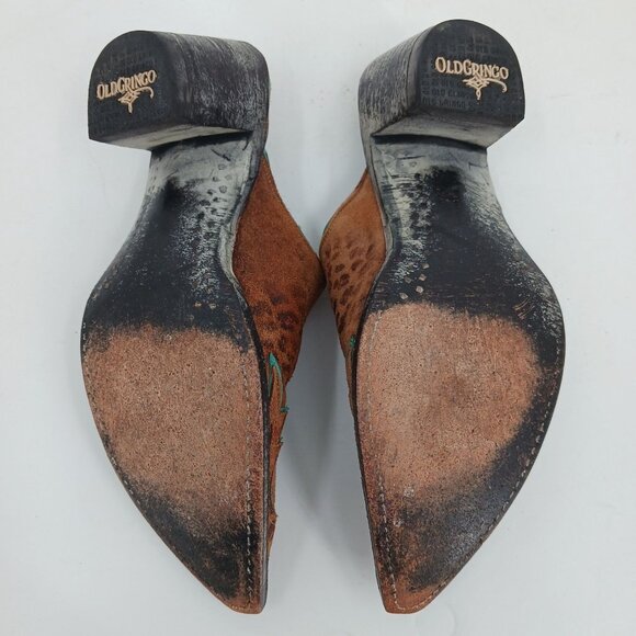 Old Gringo Leopard Print Suede Mules Size 5B Turquoise Trim Western Cowgirl - Picture 9 of 13